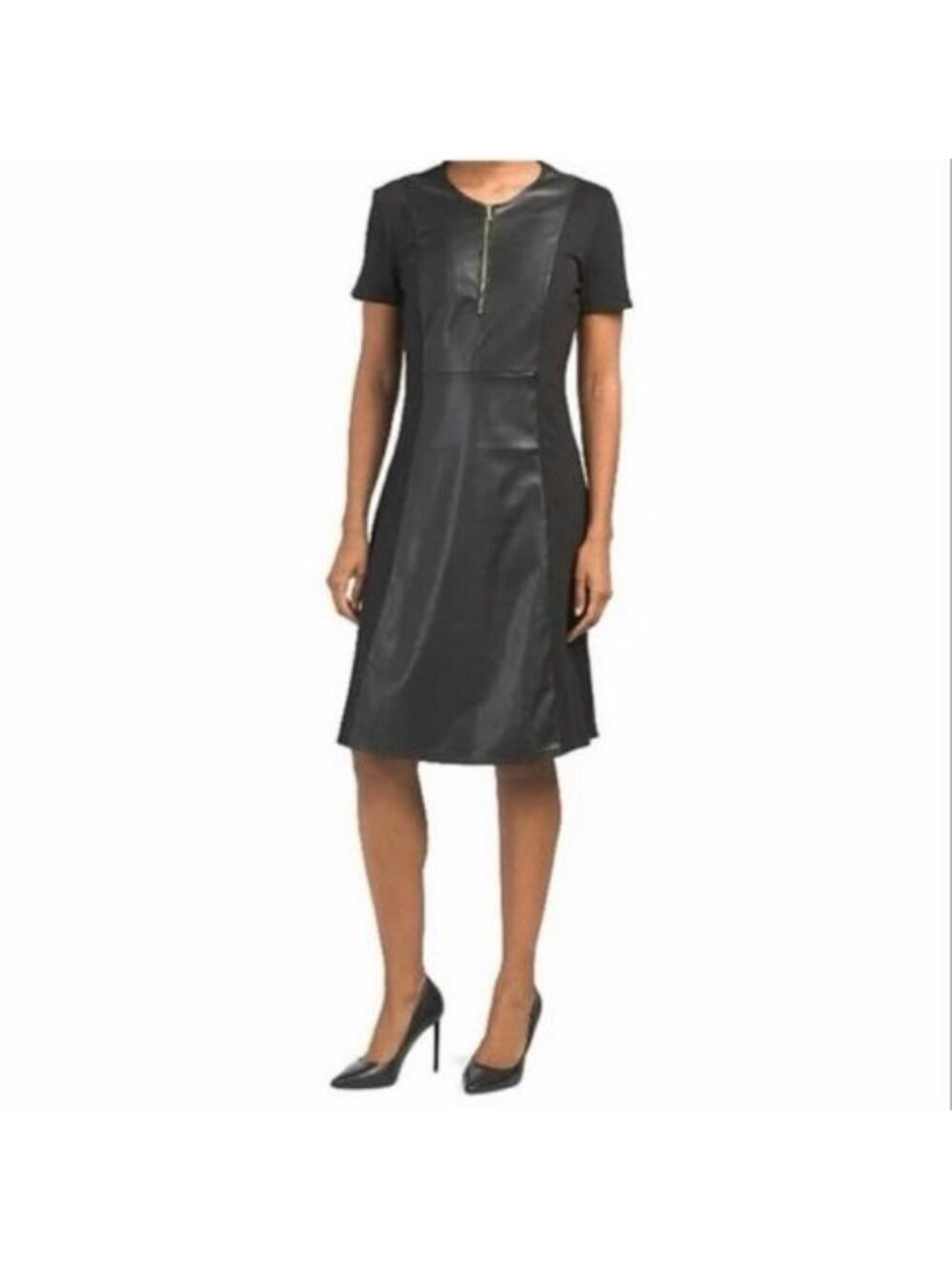 Ellen Tracy Black Faux Leather Fit Flare Dress Gold Zip Womens Small